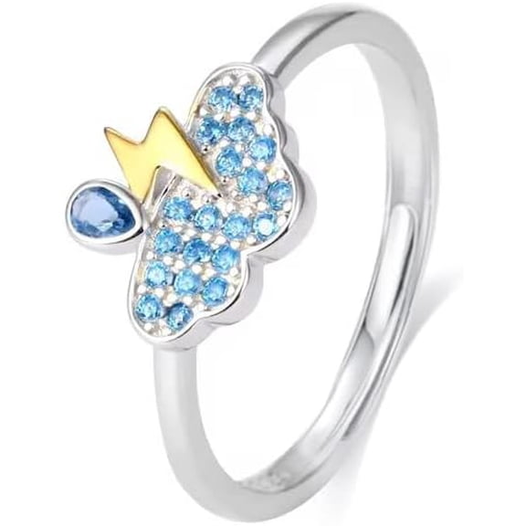 Cute Rain Cloud Lightning Bolt Ring S925 Sterling Silver Funny Flash Thunder Adjustable Open Rings Blue Cubic Zirconia Crystal Stacking Finger Statement Jewelry Gift for Women Birthday Xmas