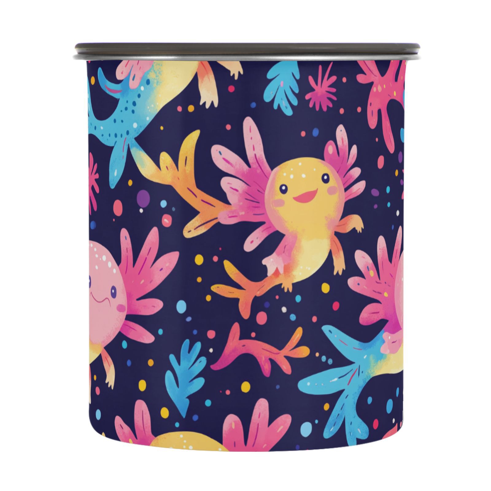 Cute Rainbow Axolotl Airtight Coffee Bean Canister 30oz Food Storage Containers with Lids For Gournd, Tea, Sugar, Flour, Rice, Cereal, Candy Cookie Jar