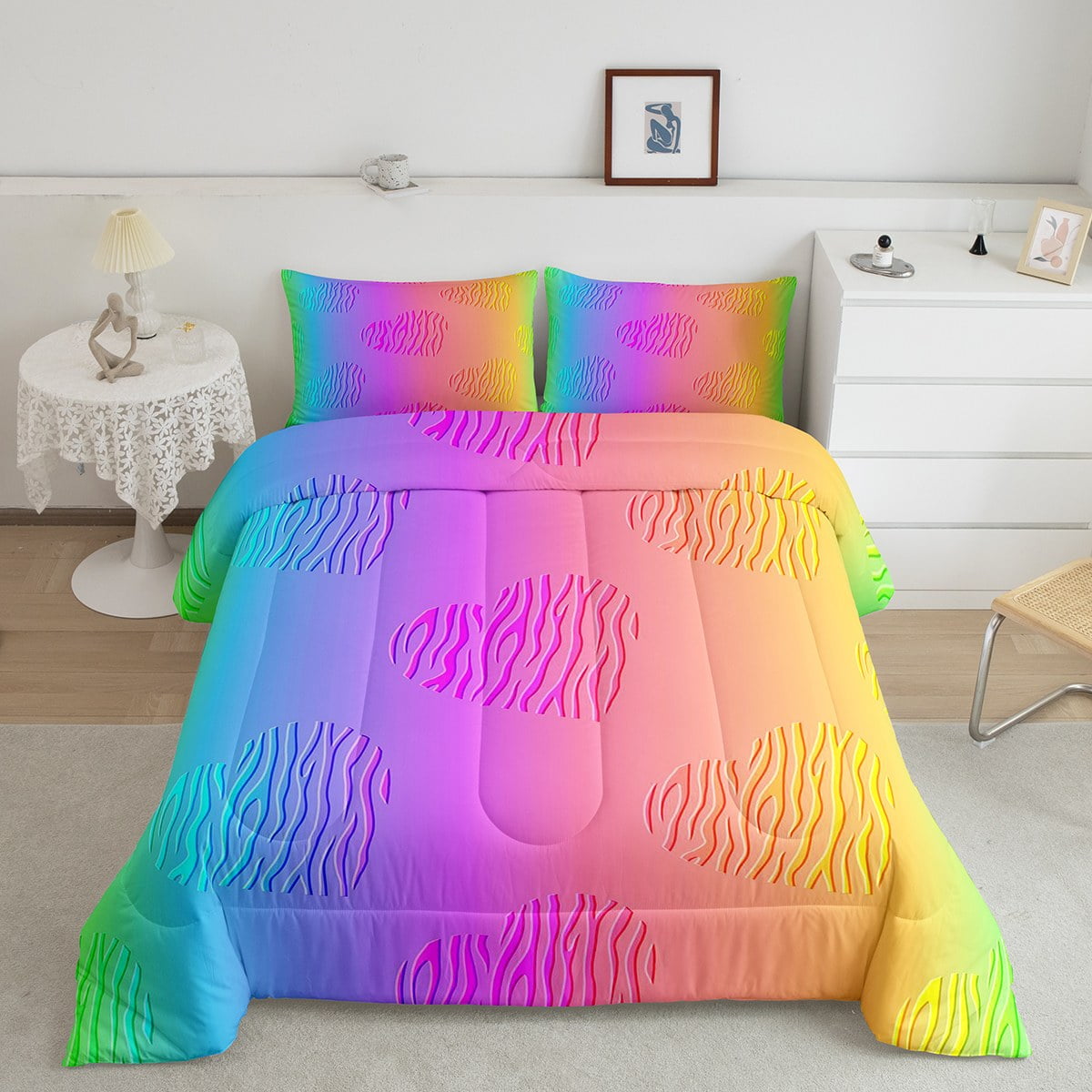 Cute Rainbow Bedding Twin for Kids Boys Girls Colorful Ombre Gradient Comforter Set, Kawaii Love