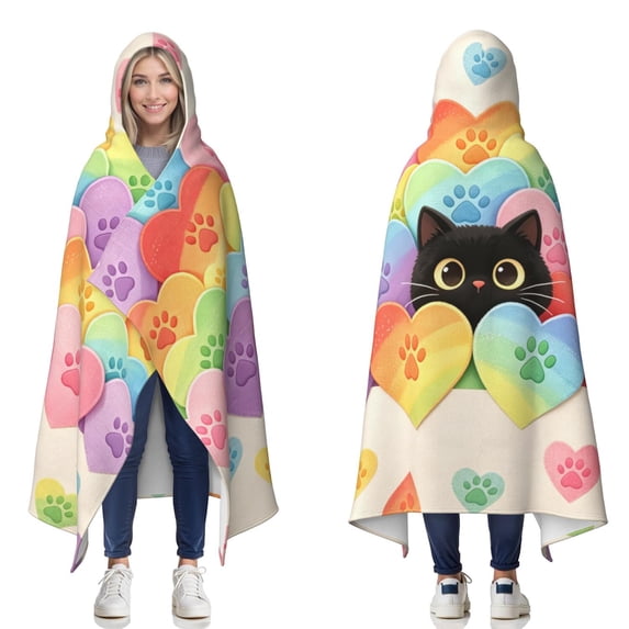 Cute Rainbow Black Cat Wearable Blanket Hoodies for Women Men Adults Cat Lovers Soft Lightweight Lovely Paw Peeking Cats Hooded Blankets for Home Bed Decor 50x60 Inch