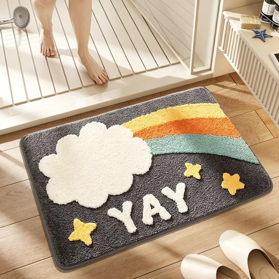 Cute Rainbow Cloud Bath Mat, Soft Absorbent Microfiber Non Slip Shower Floor Rug for Kids Bathroom Entry Decor