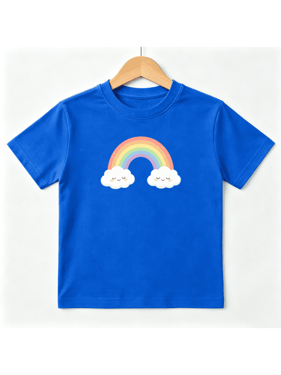 Cute Rainbow Clouds Boys Graphic Tees Pastel Kids T-Shirt 100% Cotton Short Sleeve Tops Ages 4-13Y