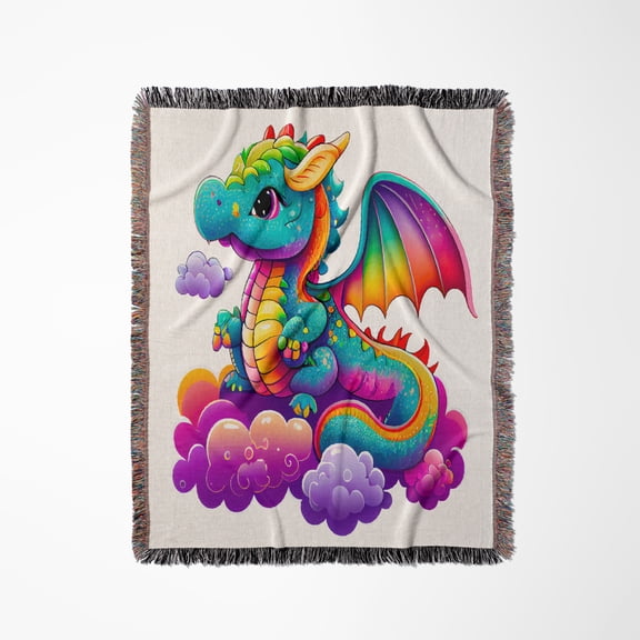 Cute Rainbow Colored Dragon On A Cloud Illustration, Woven Blanket