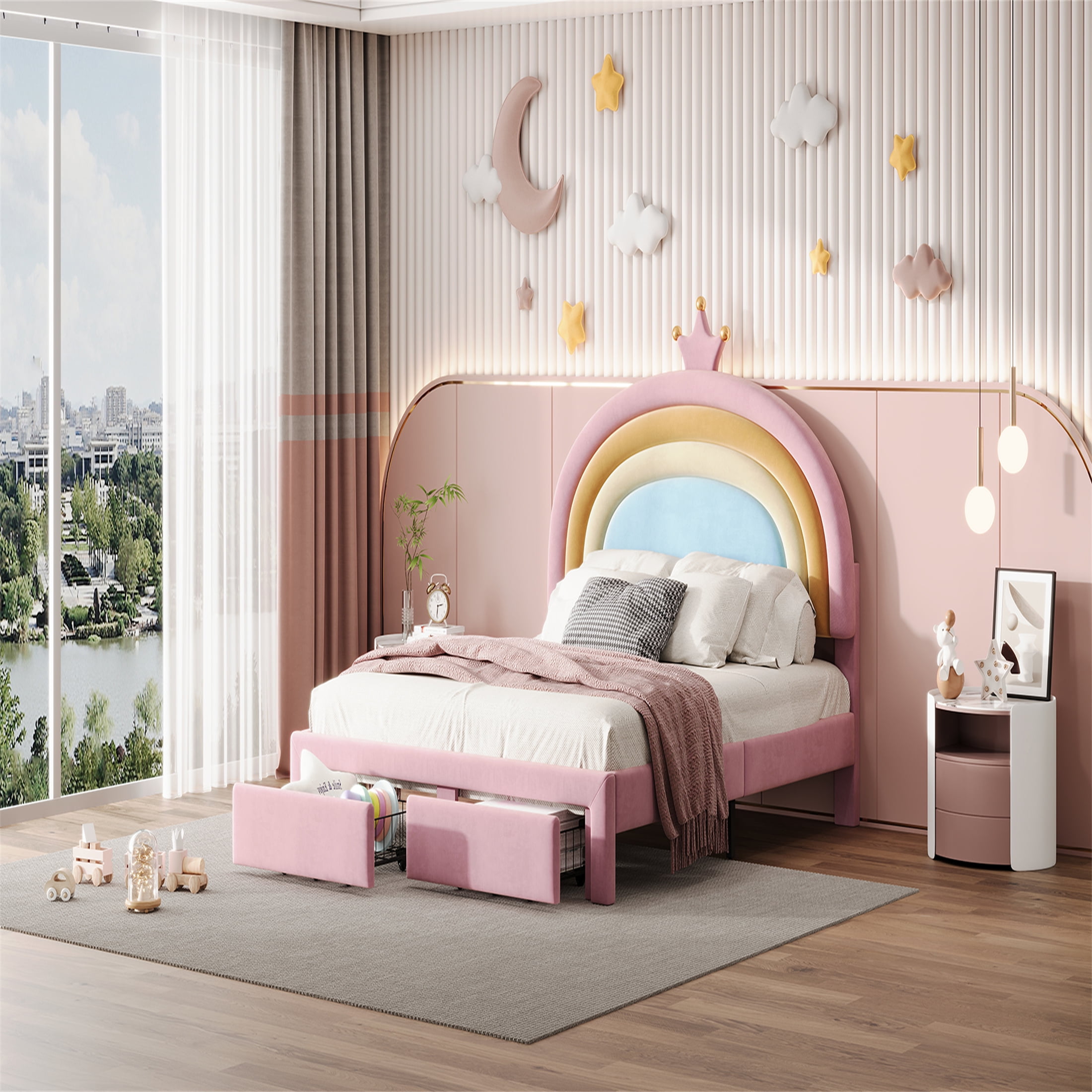 Cute Rainbow Full Size Bed Frame for Girls,Velvet Princess Full Bed Frame with Headboard and Drawers,77.5"x55.5"x47",Pink