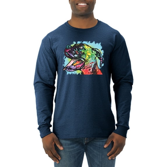 Cute Rainbow Neon Doberman Dog Lover Mens Long Sleeve Shirt, Vintage Heather Navy, X-Large