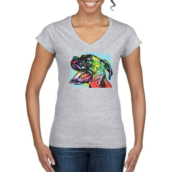 Cute Rainbow Neon Doberman Dog Lover Women's Standard V-Neck Tee, Heather Grey, 2XL