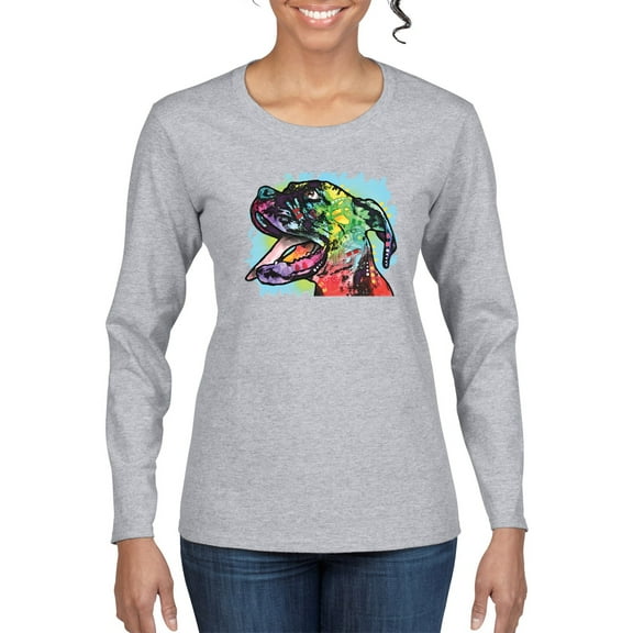 Cute Rainbow Neon Doberman Dog Lover Womens Graphic Long Sleeve T-Shirt, Heather Grey, Small