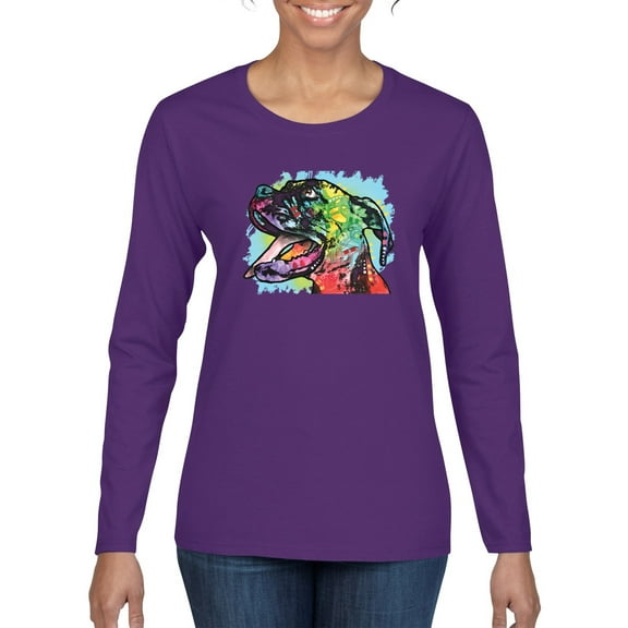 Cute Rainbow Neon Doberman Dog Lover Womens Graphic Long Sleeve T-Shirt, Purple, Small