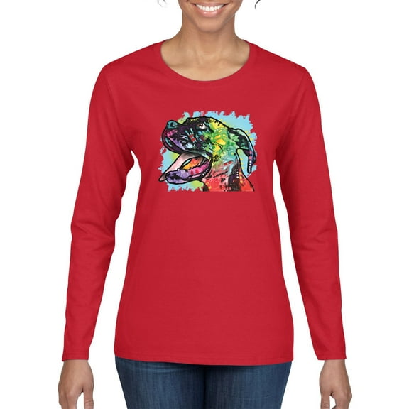 Cute Rainbow Neon Doberman Dog Lover Womens Graphic Long Sleeve T-Shirt, Red, X-Large