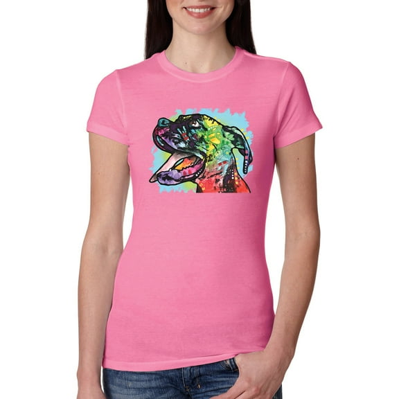 Cute Rainbow Neon Doberman Dog Lover Womens Slim Fit Junior Tee, Hot Pink, X-Large