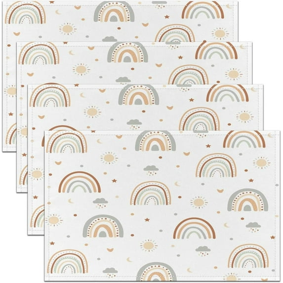Cute Rainbow Placemats Set of 4 Kawaii Cloud Rainbow Table Place Mats for Boys Teens Decor Lovely Rainbows Placemat for Kitchen Dining Table 18"x12" Moon Star Print Indoor Outdoor Decor Table Mats