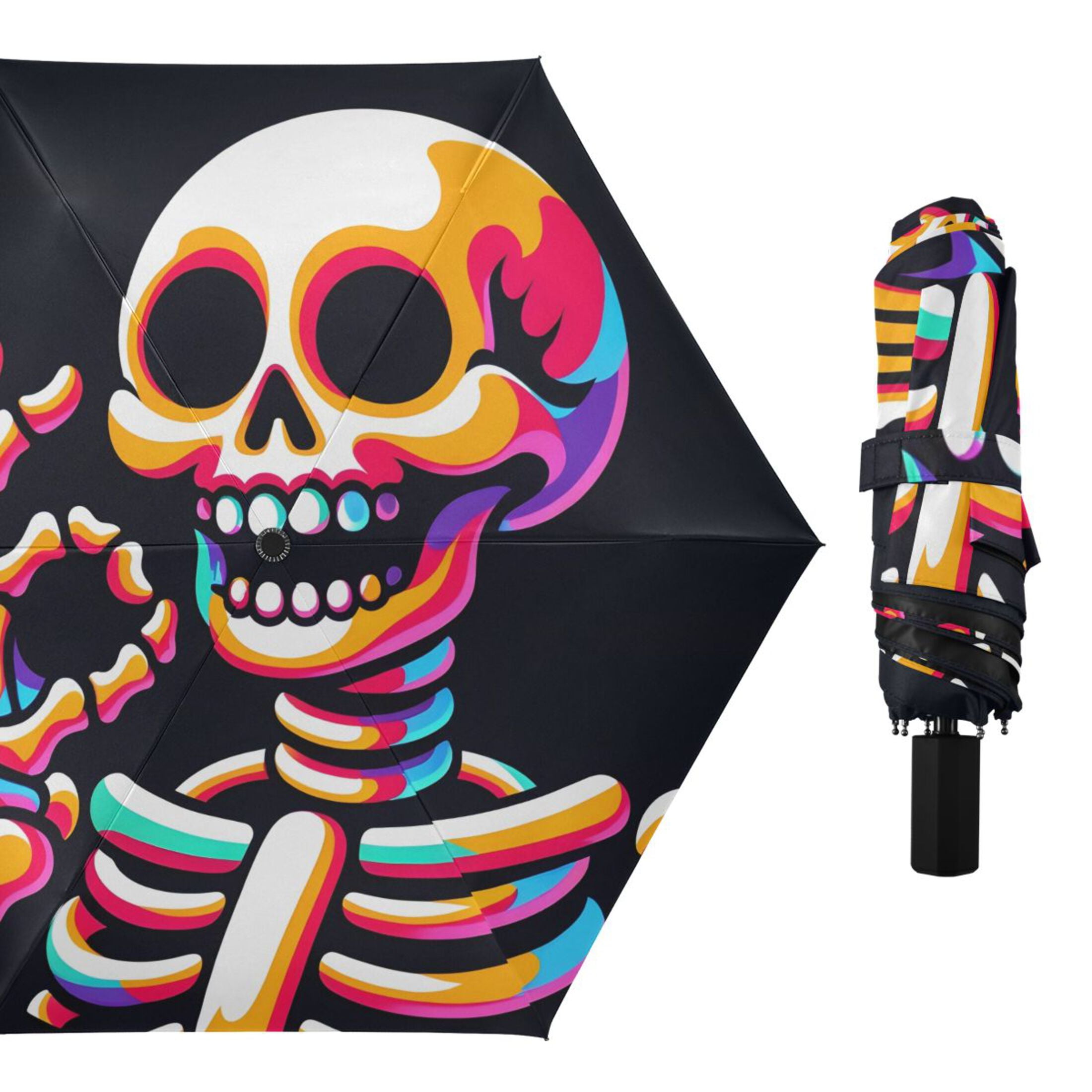 Cute Rainbow Skull Skeleton Compact Sun Umbrella Windproof Travel Umbrellas for Rain Strong Portable UV Protection