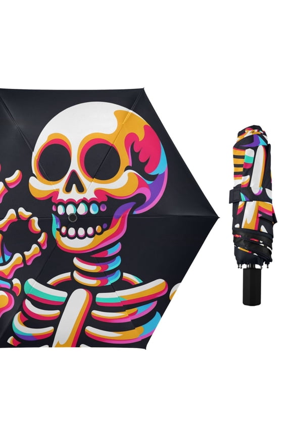 Cute Rainbow Skull Skeleton Compact Sun Umbrella Windproof Travel Umbrellas for Rain Strong Portable UV Protection