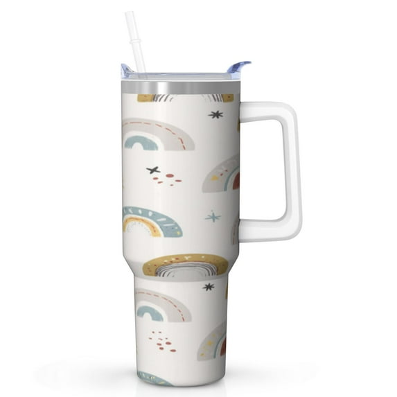 Cute Rainbow Stainless Steel Tumbler with Handle Straw Lid Colorful Cartoon Insulated Travel Mug Coffee Cup Gift for Boys Girls