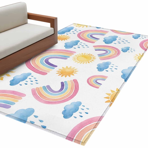 Cute Rainbow Sun Area Rug 4x6 Washable Rug Non Slip Rainy Simple Drawing Large Area Rug Indoor Floor Carpet for Entryway Bedroom Kitchen Living Room Home Office Dining Room Nursery