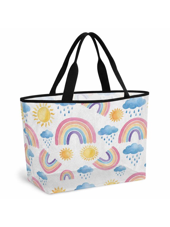 Cute Rainbow Sun Beach Bag for Women, Large Breathable Mesh Beach Tote Bag, Rainy Simple Drawing Sandproof Lightweight Travel Bags for Vacation Picnic Swimming Pool 15.7"x15.7"x9.1"