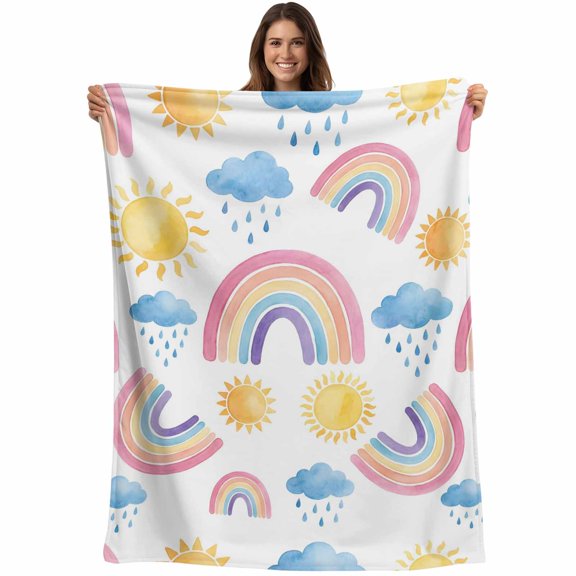 Cute Rainbow Sun Blanket Soft Cozy Warm Throw Blanket for Couch, Plush Fuzzy Flannel Fleece Blankets for Sofa, Rainy Simple Drawing Bed Blankets Lightweight Gifts for Women, 50"x60"