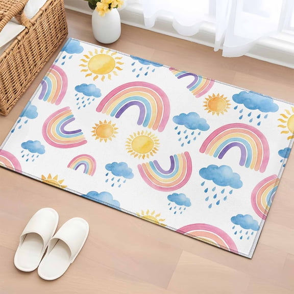 Cute Rainbow Sun Entryway Rug 2'x3'&nbsp; Non Slip Front Door Mats, Rainy Simple Drawing Entrance Rugs Indoor Outdoor Carpet, Washable Floor Mats Small Area Rug for Bedroom Kitchen