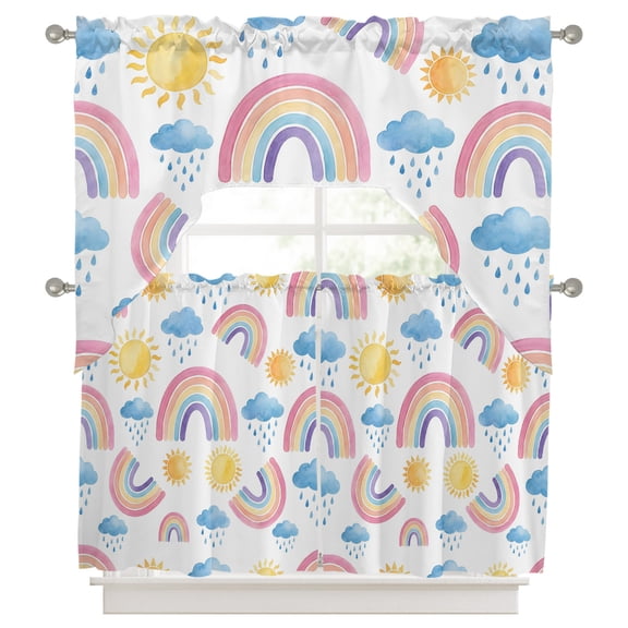Cute Rainbow Sun Kitchen Curtains Swag Valance and Tier Curtains Set 36 Inch Length, Rainy Simple Drawing Rod Pocket Drape Panels Pair Swag Curtains for Bathroom/Cafe/Window