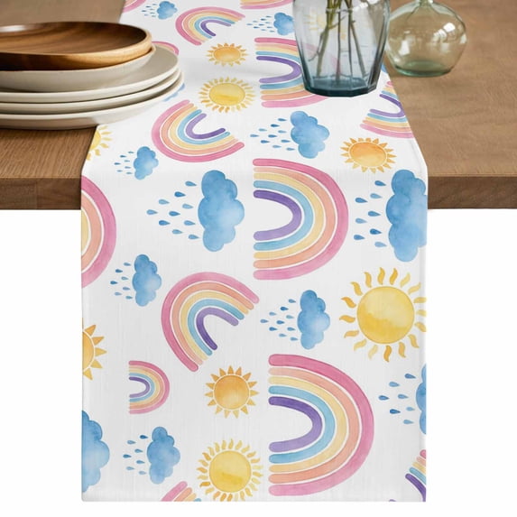 Cute Rainbow Sun Table Runner 72 Inches, Rainy Simple Drawing Bed Runner Dresser Scarves Tabletop for Indoor Outdoor Parties/Ceremony/Banquet, 18" x 72"