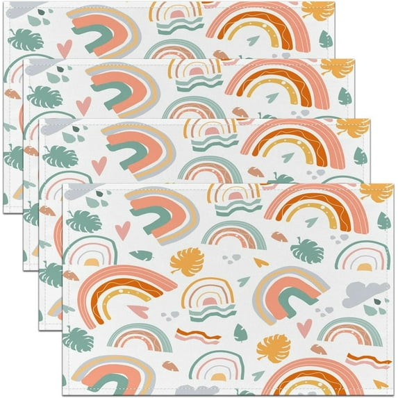 Cute Rainbow Table Place Mats Boys Lovely Kids Rainbows Placemats Set of 4 for Kids Kawaii Flower Leaves Rainbow Placemat for Kitchen Dining Table 18"x12" Sweetheart Indoor Outdoor Decor Table Mats