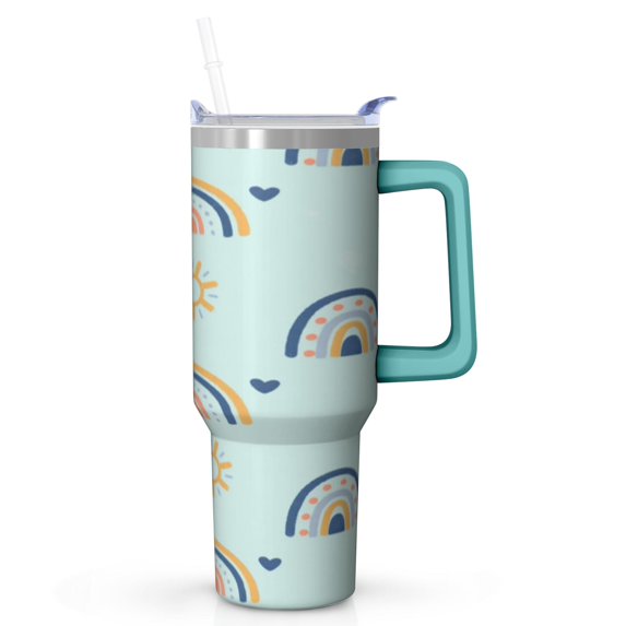 Cute Rainbow Tumbler with Handle Straw Lid Colorful Cartoon Stainless Steel Insulated Travel Mug Coffee Cup Gift for Men Women