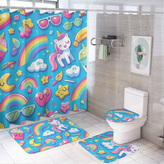 Cute Rainbow Unicorn 4 Pcs Bathroom Shower Curtain Set, Bathroom Sets with Rugs (Bath Mat, U Shape and Toilet Lid Cover Mat) and 12 Hooks,