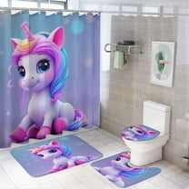 Cute Rainbow Unicorn Shower Curtain Bathroom Sets Toilet Lid Rug, Bath Mat And Contour Mat, Shower Curtain 4Pcs