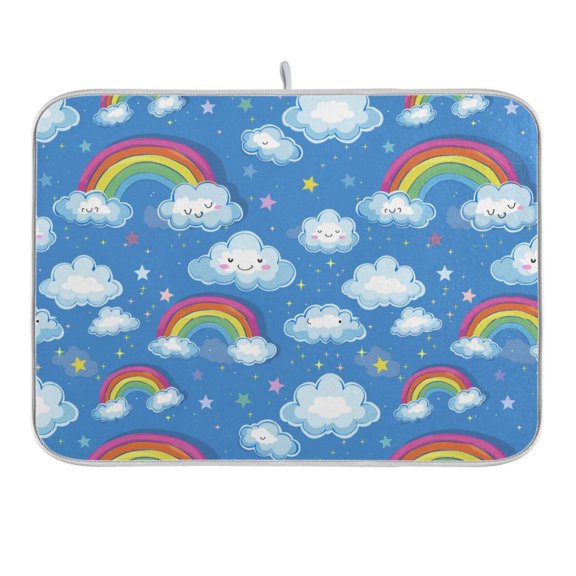 Cute Rainbow and Cloud Dish Drying Mat 18x24 Absorbent Microfiber Draining Rack Pad for Kitchen Counter Sink