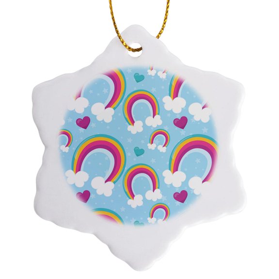 3drose, Cute Rainbows, Clouds, Hearts, and Stars Pattern, 3 inch Snowflake Porcelain Ornament