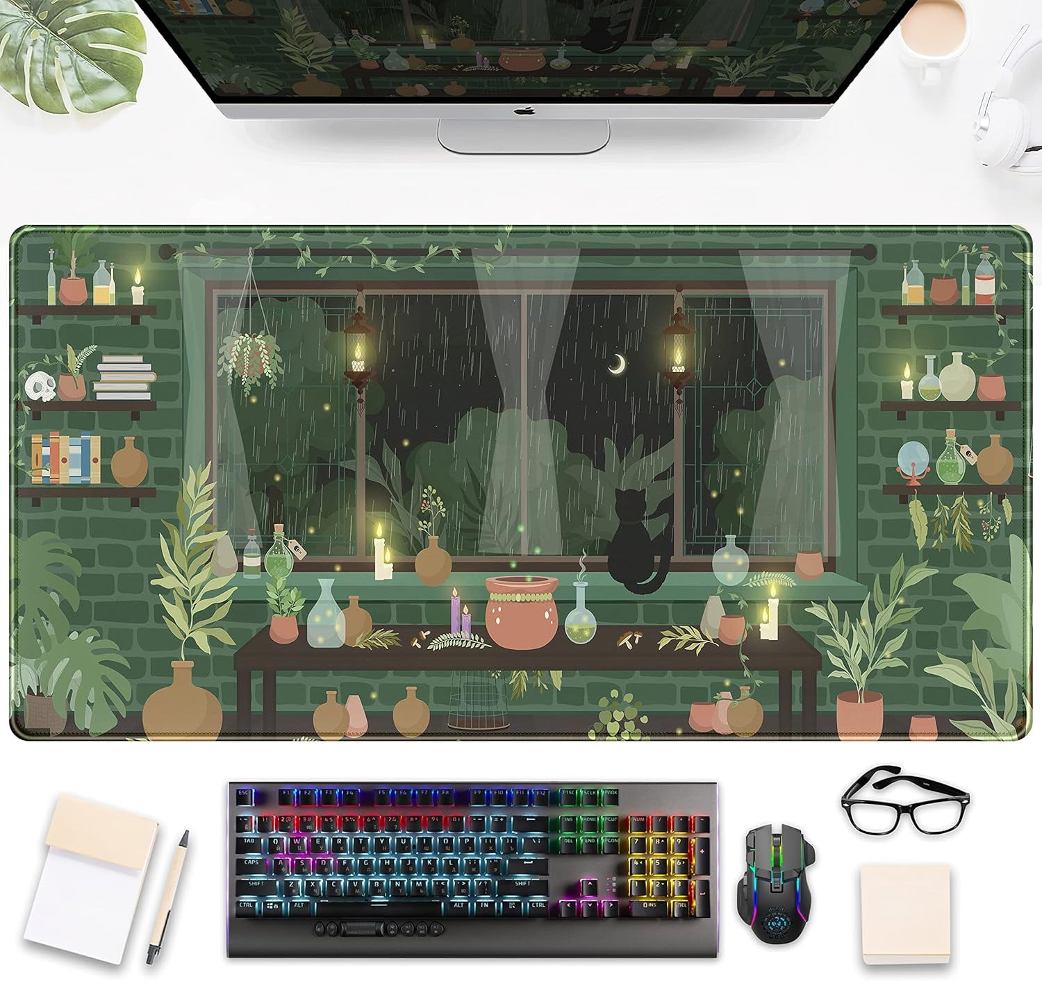 Cute Rainy Night Desk Mat Green Plants Desk Pad, Anime Black Cat Kawaii Large Gaming Mouse Pad, Moonlight Fireflies Deskmat Aesthetic Mousepad XXL, Laptop Keyboard Pad for Women Desk 31.5"x15.75"