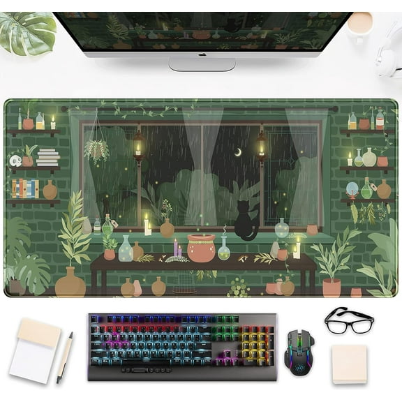 Cute Rainy Night Desk Mat Green Plants Desk Pad, Anime Black Cat Kawaii Large Gaming Mouse Pad, Moonlight Fireflies Deskmat Aesthetic Mousepad XXL, Laptop Keyboard Pad for Women Desk 31.5"x15.7"