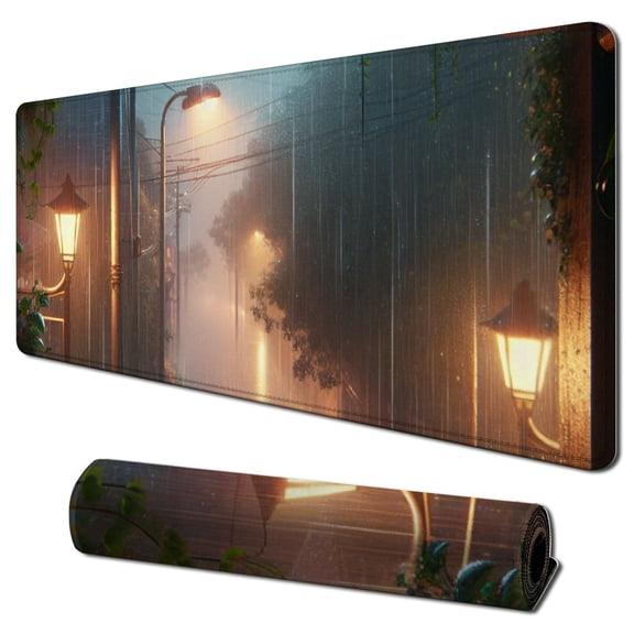 Cute Rainy Night Desk Mat Green Plants Desk Pad, Anime Black Cat Large Gaming Mouse Pad, Moonlight Fireflies Deskmat Mousepad XXL, Laptop Keyboard Pad for Women Desk