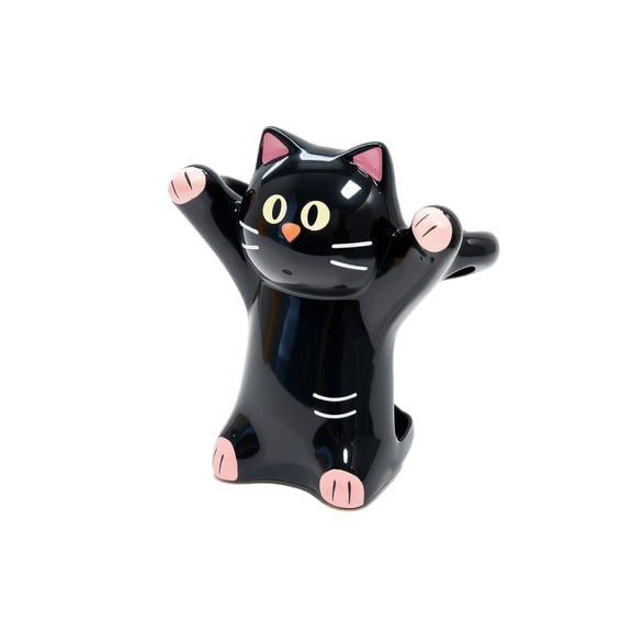Cute Raised‑Paw Black Ceramic Cat Storage Holder, Decorative Cat Figurines, Vanity Counter Organizer for Bathroom Tabletop Decor