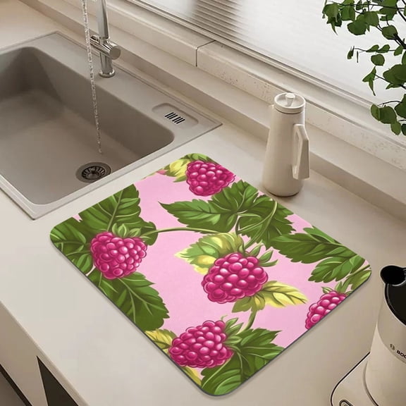 Cute Raspberry Floral Dish Drying Mat for Kitchen Counter Absorbent Drainer Mats (15.7X11.8inch)