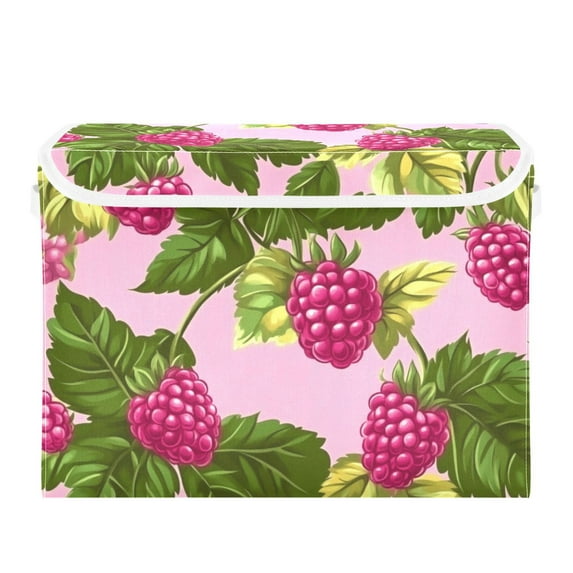 Cute Raspberry Floral Large Storage Bins with Linen Collapsible Lid Storage Box 16.7 x 12.6 x 11.8in