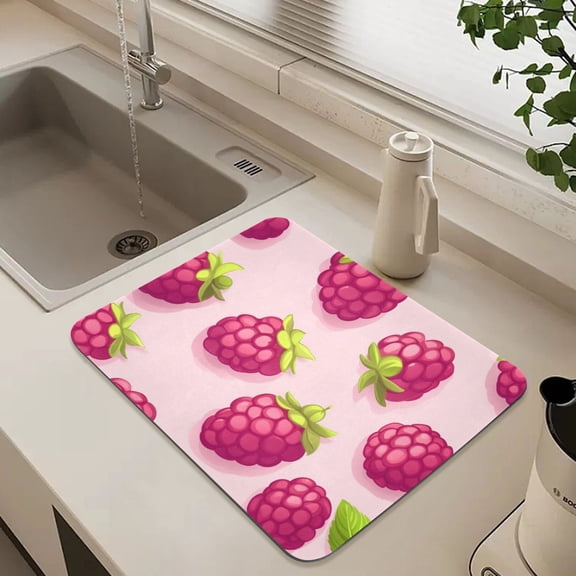 Cute Raspberry Fruit Dish Drying Mat for Kitchen Counter Absorbent Drainer Mats (15.7X11.8inch)