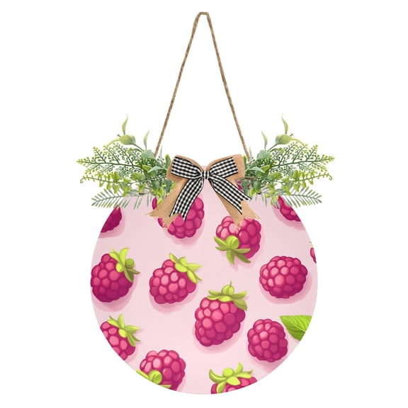 Cute Raspberry Fruit Front Door Porch Decoration Hanging Sign with Artificial Green Plants and Bow for Home Outdoor Indoor