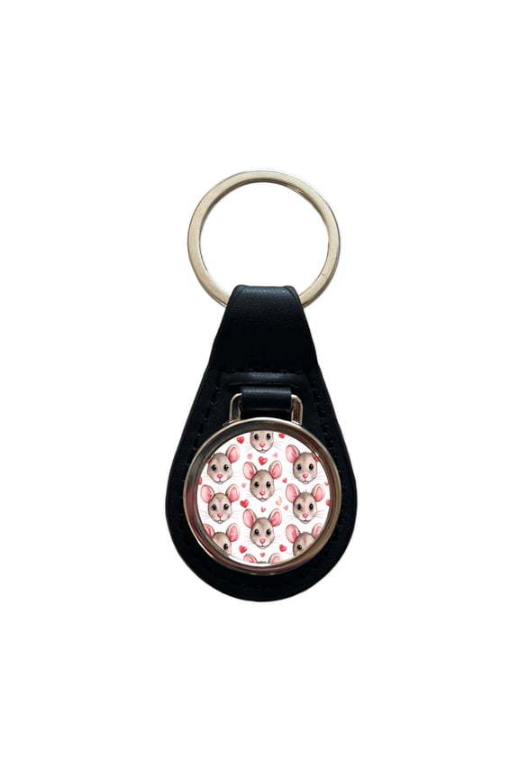 Cute Rat Faces Hearts Watercolor Metal Black Leather Keychain
