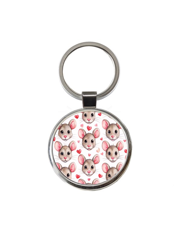 Cute Rat Faces Hearts Watercolor Metal Round Keychain