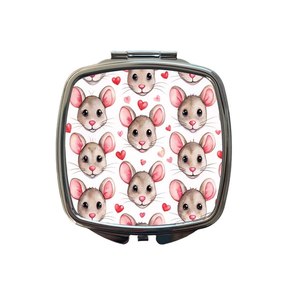 Cute Rat Faces Hearts Watercolor Travel Makeup Handbag Purse Small Pocket Compact Mirror