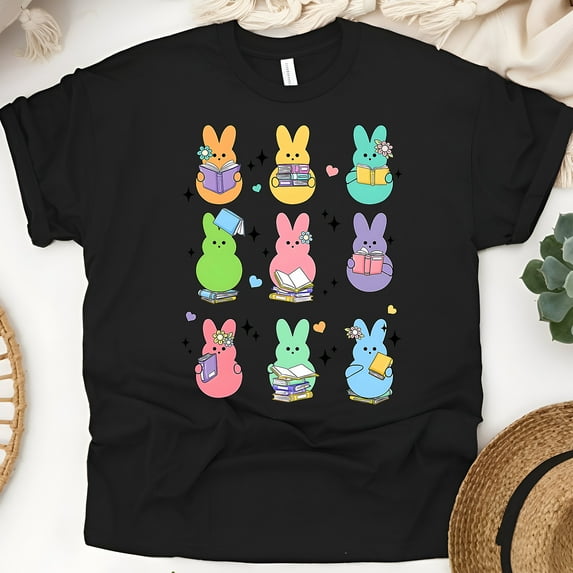 Cute Reading Bunny Shirt with Colorful Peeps & Books, Black, Size 2XL