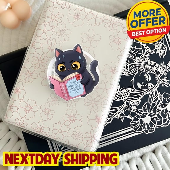 Cute Reading Cat| Reading Lover Accessories | Personalized Bookish E-reader Grip | Phone Holder | Magnetic Phone Grip | Gift for Bookworm