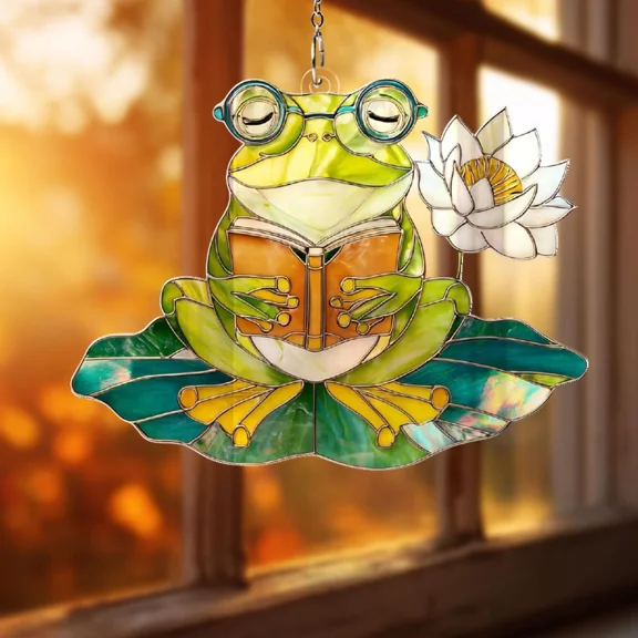 Cute Reading Frog Acrylic Suncatcher Window Hanging