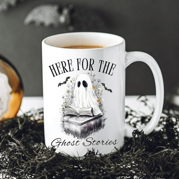 Cute Reading Ghost Halloween Coffee Mug, Spooky Ghost Stories Book Mug, Bookish Gift, Fall Halloween Mug, Horror Book Lover Gift, Bookworm