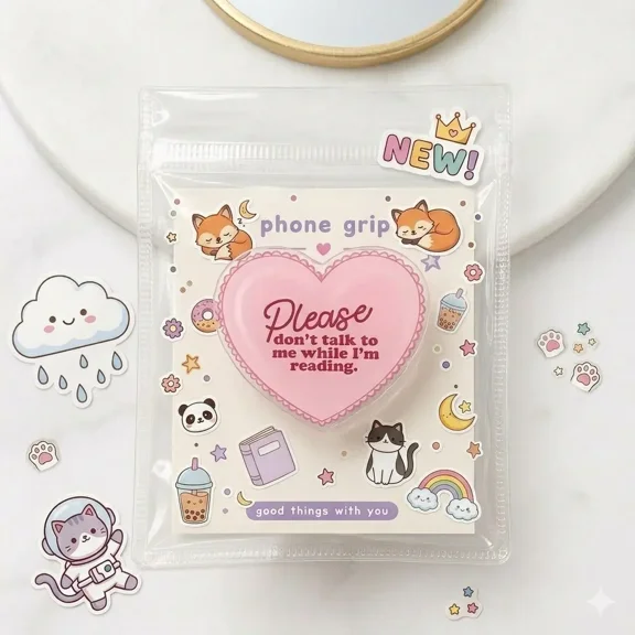 Cute Reading Heart Phone Grip, Pastel Pink Pop Phone Holder, Fun for Book Lovers and Teens E-Reader Grip Accessory