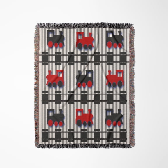 Cute Red And Black Train Engines With Railroad On Striped Pattern, Woven Blanket