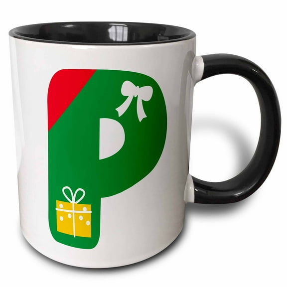 3drose, Cute Red and Green Christmas Monogram Initial P, 11oz Two-tone Black Mug