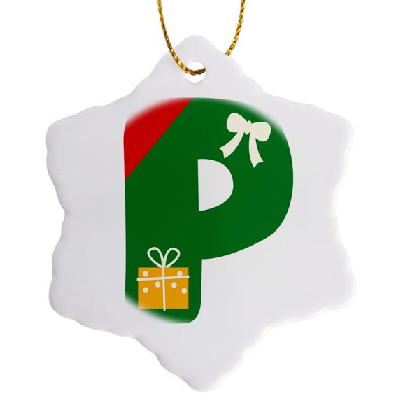 3drose, Cute Red and Green Christmas Monogram Initial P, 3 inch Snowflake Porcelain Ornament