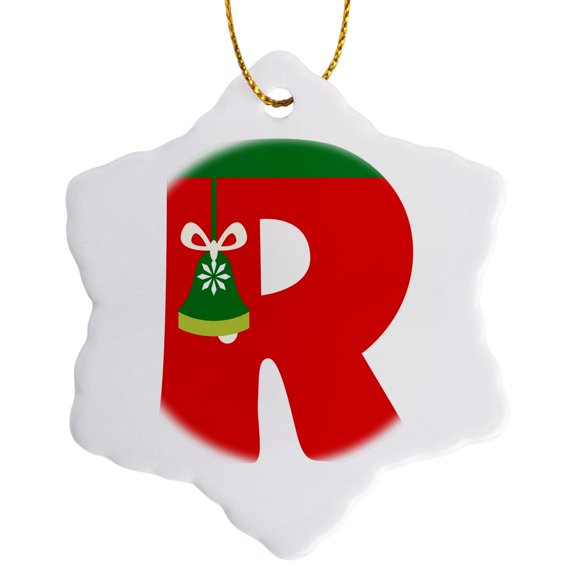 3drose, Cute Red and Green Christmas Monogram Initial R, 3 inch Snowflake Porcelain Ornament